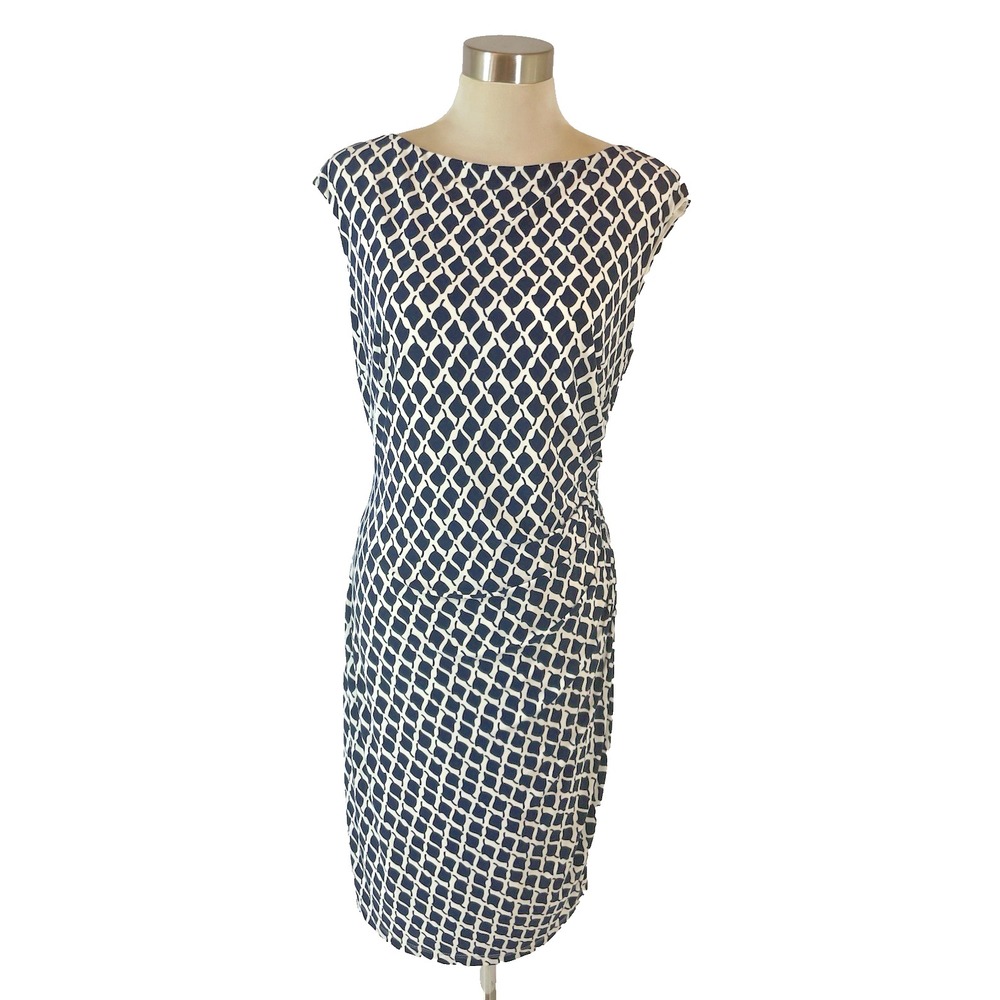 Lauren‎ Ralph Ruched Jersey Dress Navy Blue White Geometric Size 14